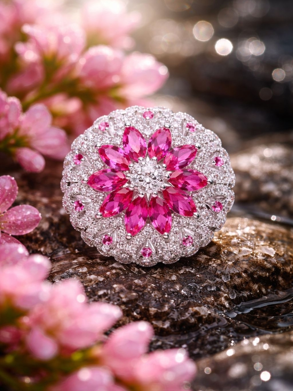 Luxury high end Floral Pink Cluster Halo Ring with Sparkling White Accents - Picture 3 of 4